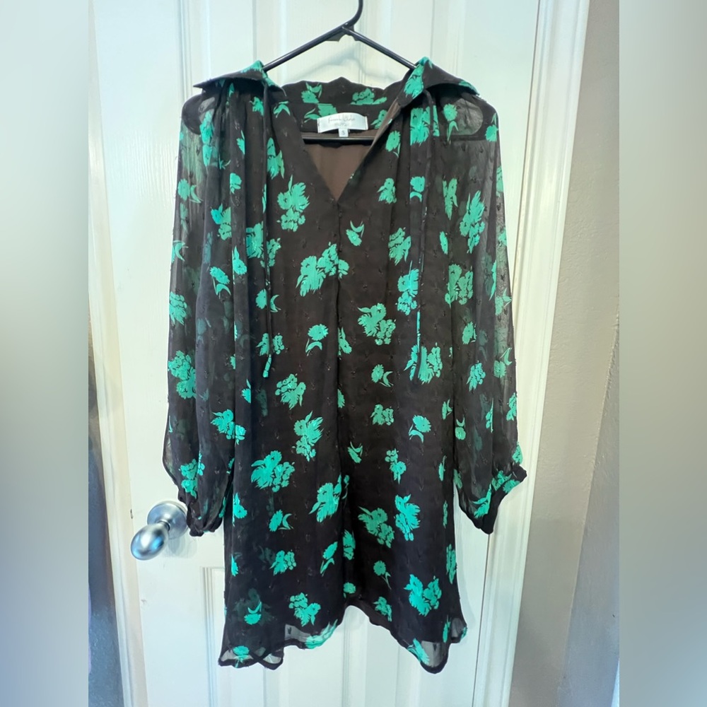 French Violet Boutique small brown with green floral print, long sleeved dress
